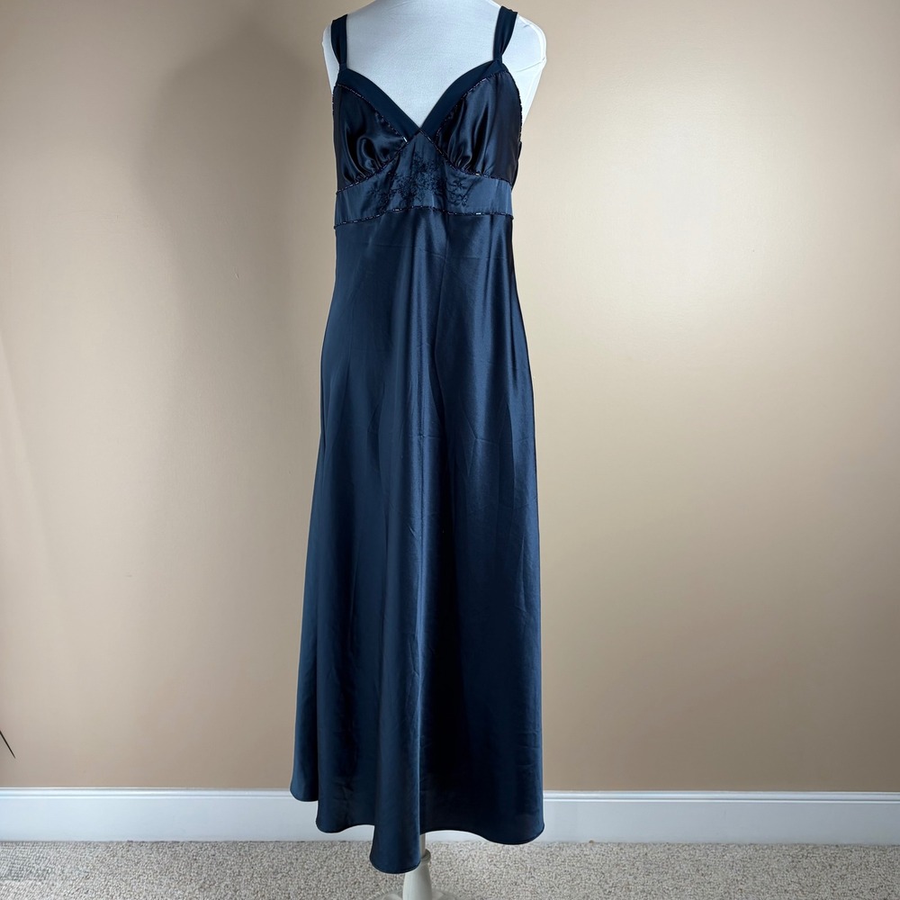 Cabernet Nightgown PM Navy Blue Satin Embroidered Beaded Long Dark Romantic